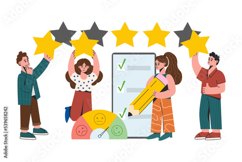 Customer feedback flat vector illustration. Online survey with questionnaire and emotions scale. People holding gold stars in hands and leaving positive review. Client satisfaction level, evaluation.