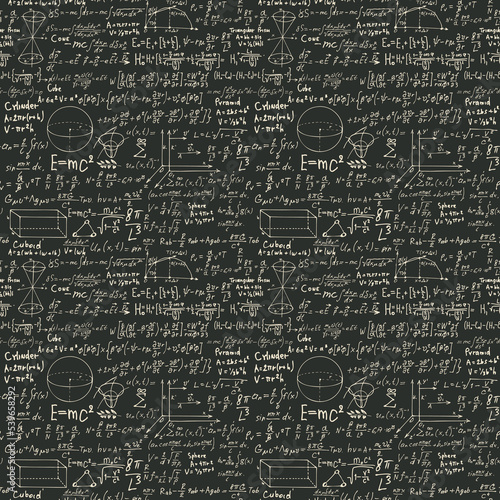Abstract mathematical seamless pattern with geometrical figures, handwritten formulas, various equations and plots. Monochrome vector repeating math background. Drawing chalk on the school blackboard