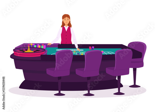 Croupier in a casino at a roulette table vector illustration. Casino, gaming house flat illustration. People characters. Casino interior decor. Gambling industry. For design casino web sites.