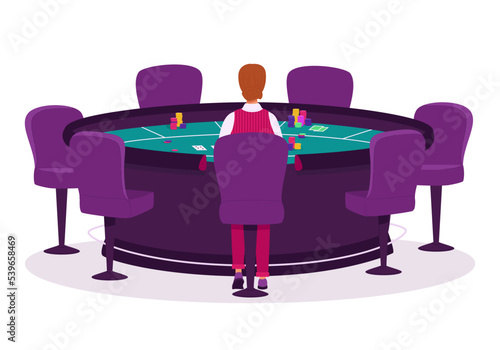 Croupier in a casino at a poker table vector illustration. Casino, gaming house flat illustration. People characters. Casino interior decor. Gambling industry. For design casino web sites.