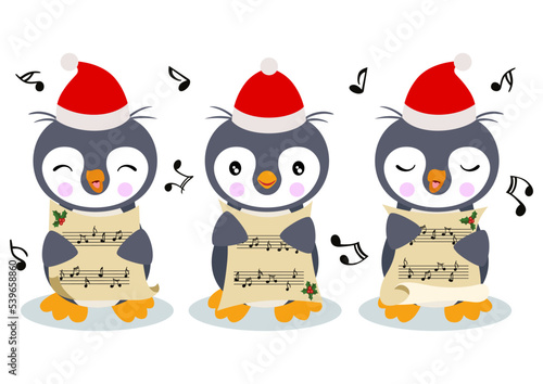 Group of cute penguins chorus singing Christmas songs