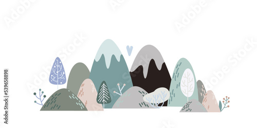 Vector composition with winter forest in mountains. Decorative illustration winter trees in flat style scandi minimalism and boho color. For design baby wallpaper, textile, fabric, wrapping paper