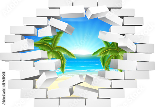 A brick wall breaking with an idyllic beach behind, freedom concept