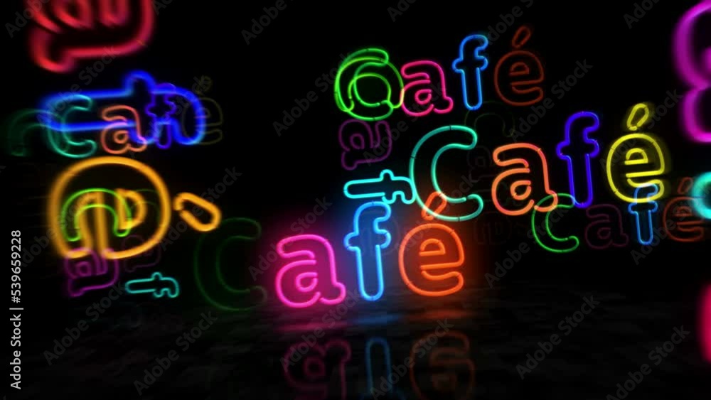 Cafe neon symbol. Light color bulbs. Retro style drink restaurant and coffee abstract seamless and loopable concept. 3d flying through the tunnel animation. Cafe neon symbol. Light color bulbs. Retro style drink restaurant and coffee abstract seamless and loopable concept. 3d flying through the tunnel animation.
