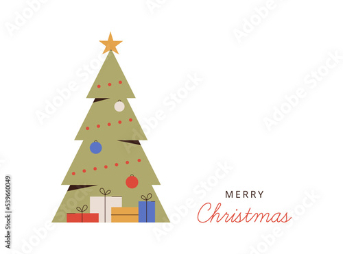 Merry Christmas card with decorated green tree and greeting text. Festive fir with toys and garland surrounded gift boxes. Xmas and New year concept. Vector illustration