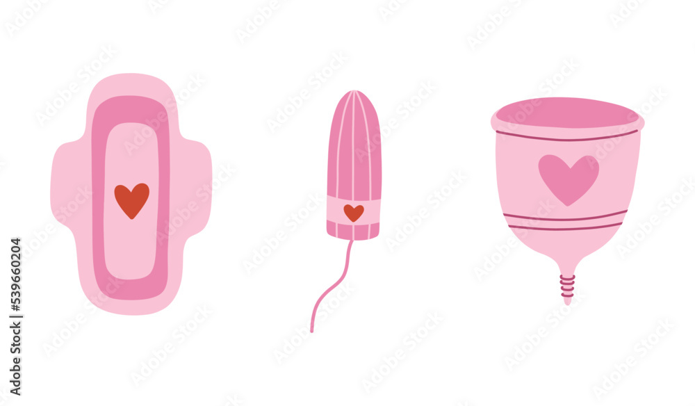 Woman hygiene elements. Menstrual period set. Menstrual cup,pad and tampon.