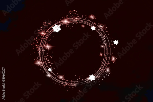 Christmas Snowfall. The circle of snowflakes sparkling transparent beautiful snow isolated on black background Lettering