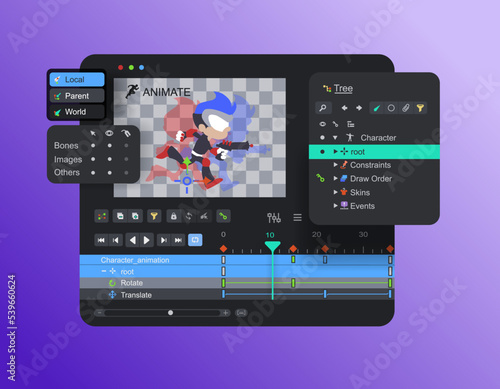Program window for 2D character animation for games. Creating an animation of a running boy