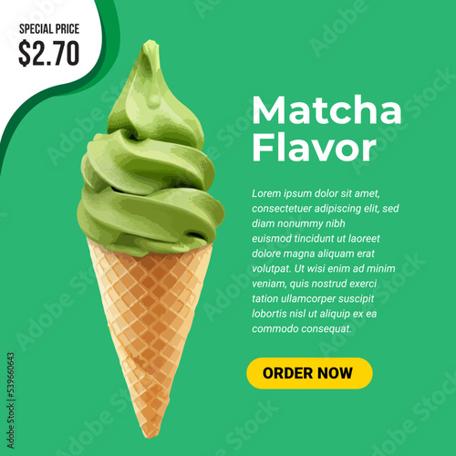 Tasty matcha green tea ice cream cone banner ads in 3d illustration. Vector illustration
