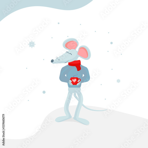 cute gray mouse or rat in the snow, with a cup of cocoa in his hands