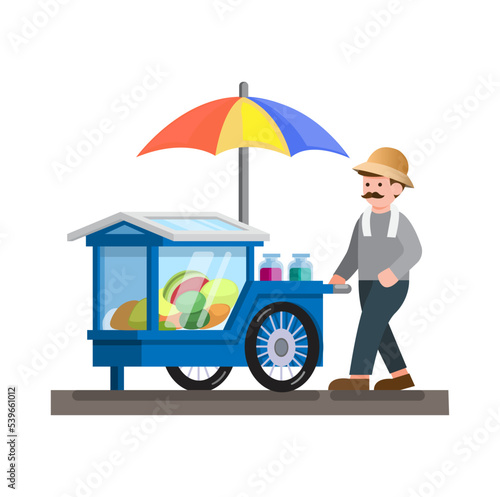Penjual Rujak is fruit salad seller in cart traditional street food from indonesia illustration vector