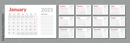 2023 Calendar Planner Template with place for notes. Vector layout of a wall or desk simple calendar with week start monday. Calendar grid in grey color for print