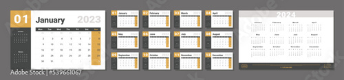 Set of 2023-2024 Calendar Planner Template. Vector layout of a wall or desk simple calendar with week start monday in yellow and grey color for print