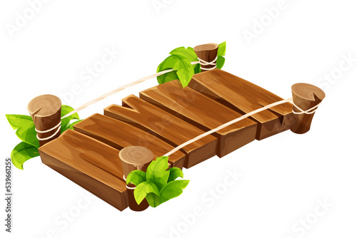 Wooden bridge old with rope in isometric view in cartoon style isolated on white background. Detailed, textured game element