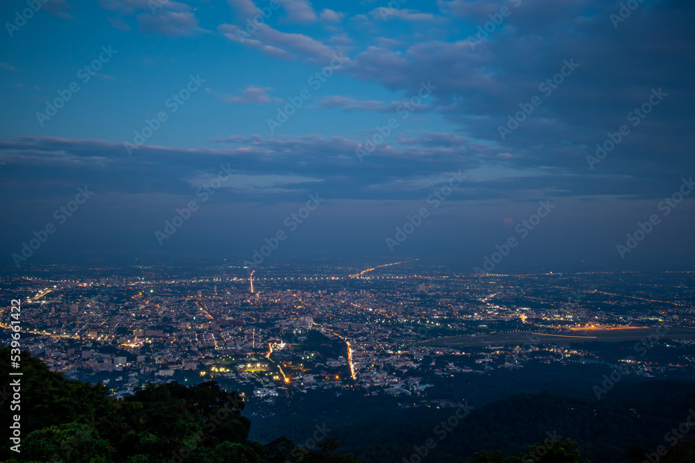 The Chiang Mai city night view from the mountain Doi Suthep. 