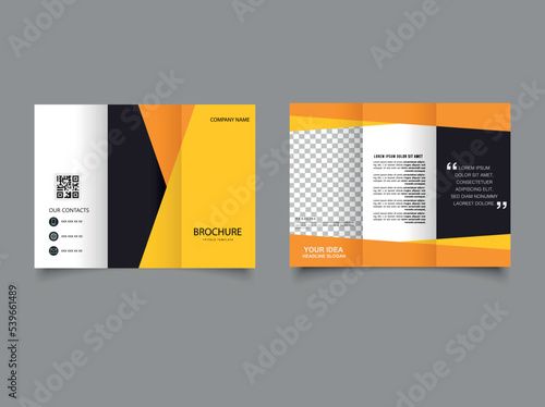 Orange black trifold brochure for advertising. Leaflet, flyer.