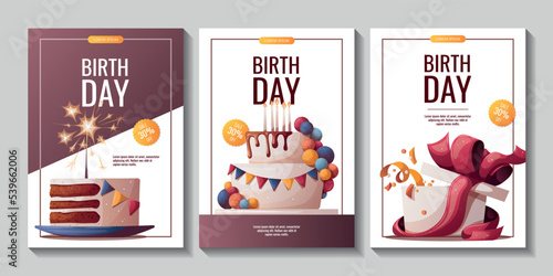 Set of Birthday promo flyers with cake, gifts, confetti. Birthday party, celebration, holiday, event, festive concept. Vector illustration. Banner, flyer, advertising.