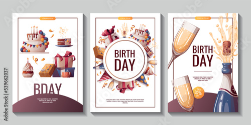Set of Birthday promo sale banners with cake, champagne, cupcake, gifts, caps, confetti. Birthday party, celebration, holiday, event, festive concept. Vector illustration. Banner, flyer, advertising.