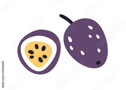 Passion fruit, cut half with seeds and whole. Fresh passionfruit cross-sectio...