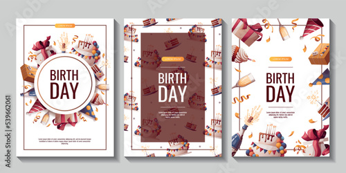 Set of Birthday promo sale banners with cake, champagne, cupcake, gifts, caps, confetti. Birthday party, celebration, holiday, event, festive concept. Vector illustration. Banner, flyer, advertising.