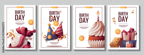 Set of Birthday promo flyers with cupcake, gifts, caps, confetti. Birthday party, celebration, holiday, event, festive concept. Vector illustration. Banner, flyer, advertising.