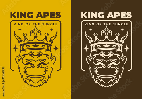 Vintage art illustration of a apes head wearing crown