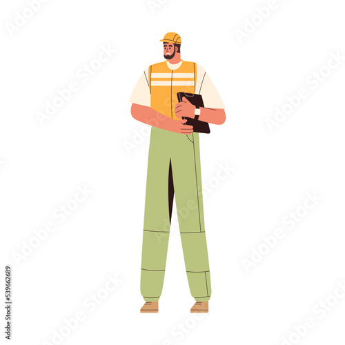 Industry worker in helmet, holding folder with documents. Factory engineer man standing, wearing uniform and hardhat. Happy foreman, employee. Flat vector illustration isolated on white background