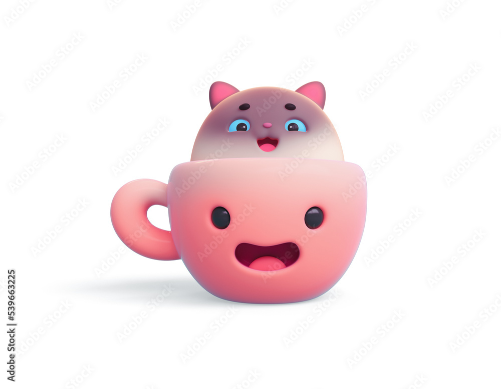 Head of funny excited surprised curious fluffy Siamese gray cat with blue eyes, eyebrows, red tongue, open mouth peeks out of kawaii pink cup with a smiling face. 3d render isolated on white backdrop. Head of funny excited surprised curious fluffy Siamese gray cat with blue eyes, eyebrows, red tongue, open mouth peeks out of kawaii pink cup with a smiling face. 3d render isolated on white backdrop.