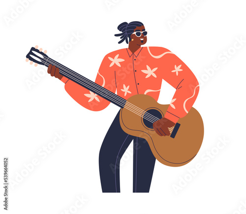 Guitarist playing classic guitar. African-American musician, solo player perf...