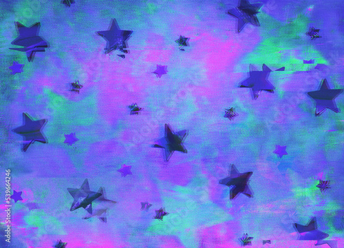 Abstract Futuristic holiday background with stars confetti pattern of the 80s retro holographic neon style. Cyber flyer, poster design motion glitch effect. Retro futurism, vaporwave, rave 90s style © Aleksandra Konoplya