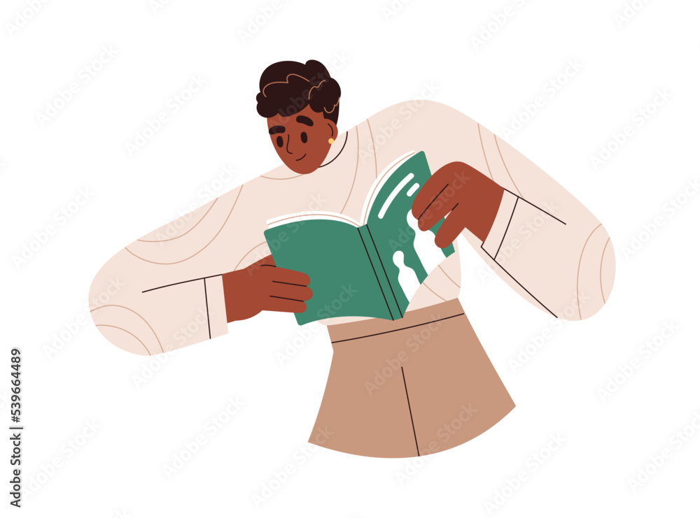 Young black woman holding open paper book. Happy excited girl reading modern literature. Person, passionate reader, bookworm learning, studying. Flat vector illustration isolated on white background Young black woman holding open paper book. Happy excited girl reading modern literature. Person, passionate reader, bookworm learning, studying. Flat vector illustration isolated on white background