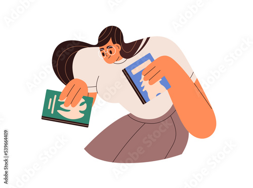 Woman reader taking paper books for reading, studying. Smart girl bookworm with literature. Young happy female student. Bookcrossing concept. Flat vector illustration isolated on white background