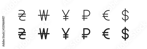 Currency symbol. Vector dollar icon. Simple outline money sign. Currency symbols set. Euro, dollars, yen, won, ruble, uah web icons, cash exchange, payment mark