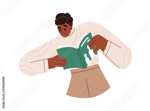 Young black woman holding open paper book. Happy excited girl reading modern literature. Person, passionate reader, bookworm learning, studying. Flat vector illustration isolated on white background