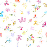 Watercolor gentle seamless pattern with abstract bright flowers, leaves. Hand drawn floral illustration isolated on white background. For packaging, wallpaper, wrapping  design or print