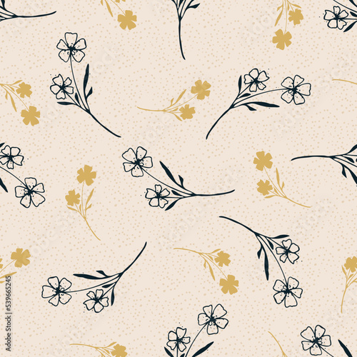 Vintage wild meadow flower seamless vector pattern background. Scattered yellow black flowers on light backdrop. Line art outline silhouette botanical design. Garden floral cottagecore aesthetic.