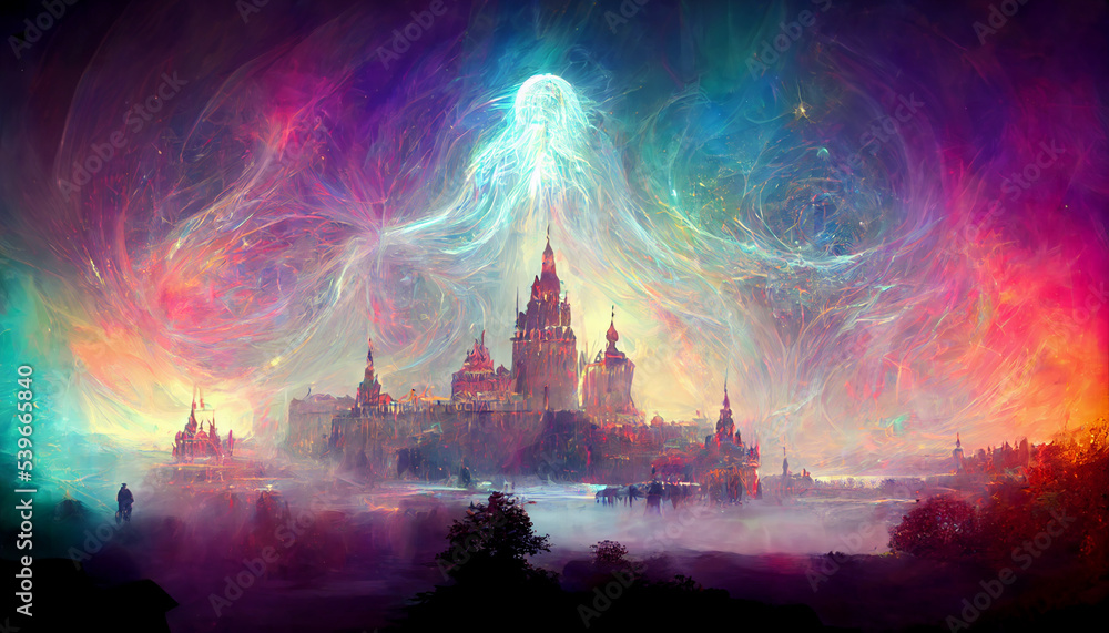 Mystical fantasy background. Sky sparkling with streams of magic digital illustration