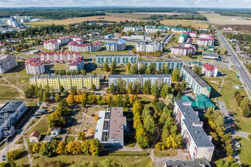 aerial panoramic view from height of a multi-storey residential complex and urban development in autumn day © hiv360