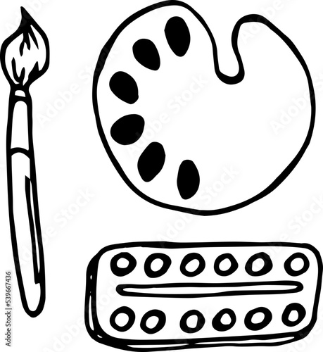Art palette with paints and brush. Hand drawn vector illustration for kids.