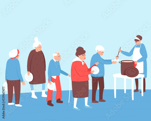 Elderly people stand in queue for social hot meals. Charitable, volunteer activities. Help for people in a difficult situation. Flat vector illustration.