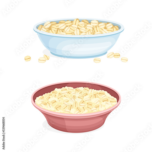 Oatmeal as Whole-grain Food with Rolled Oats in Deep Bowl Vector Set