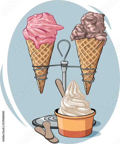 handmade chocolate strawberry and raspberry ice cream scoops in a delicious cone waffle with vanilla soft creamy, wooden spoon, ice cream holder