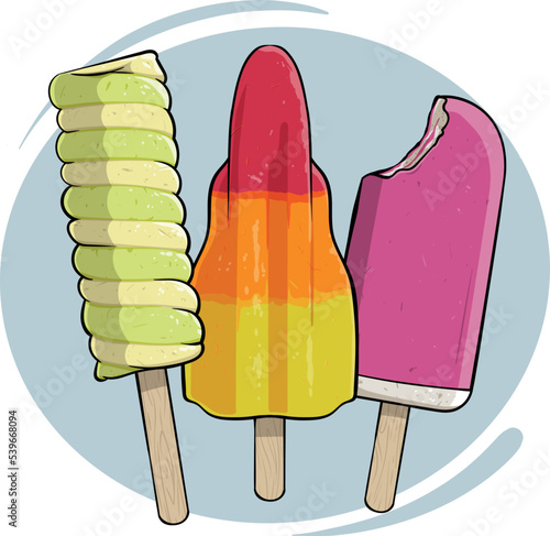 frozen colorful popsicle ice cream, happy iced lolly for summer on stick, delicious rocket water ice red orange yellow, purple berry ice, twisted green lemon ice cream vanilla popsicles