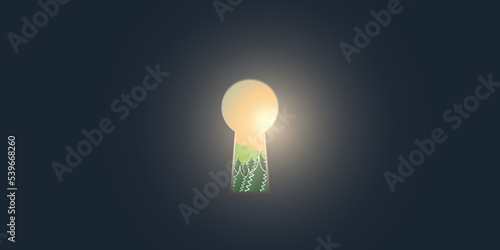 Hope, Curiosity, Dreaming or New Idea Concept - Key Hole on Dark Blue Wall with Glowing Sun Light, Nature, Pine Forest on the Other Side-Final Remedy Concept, Template,Vector Design in Editable Format