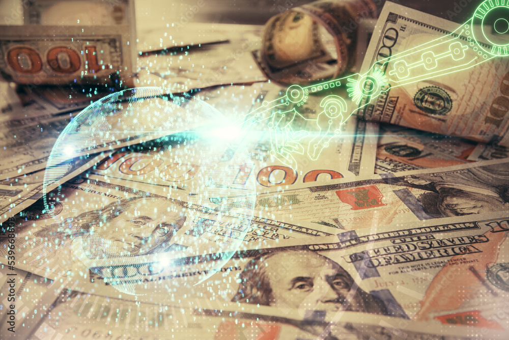 Double exposure of data theme drawing over us dollars bill background. Technology concept. Double exposure of data theme drawing over us dollars bill background. Technology concept.