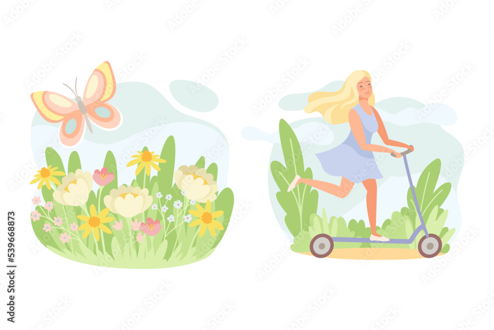 Blond Woman in Blue Dress Riding Kick Scooter and Meadow with Blooming Flowers Vector Set Blond Woman in Blue Dress Riding Kick Scooter and Meadow with Blooming Flowers Vector Set