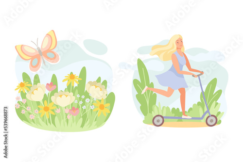 Blond Woman in Blue Dress Riding Kick Scooter and Meadow with Blooming Flowers Vector Set
