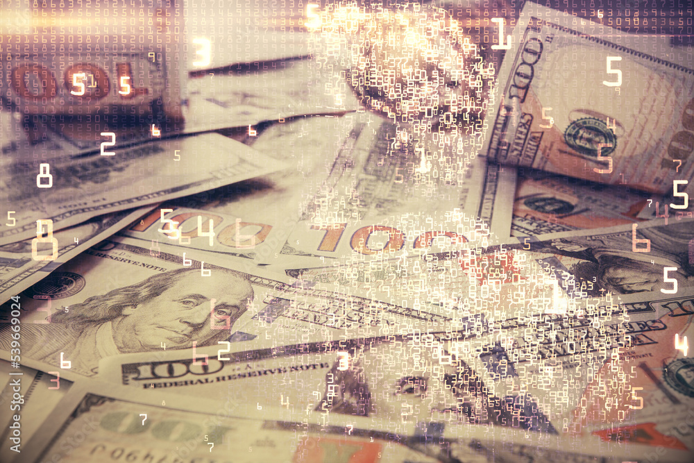 Double exposure of tech theme drawing over usa dollars bill background. Concept of technology. Double exposure of tech theme drawing over usa dollars bill background. Concept of technology.