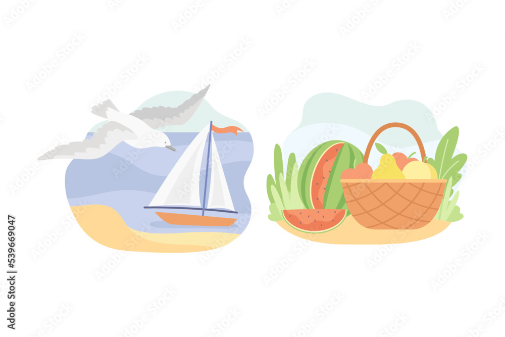 Summer Picnic Wicker Basket with Fresh and Juicy Fruit and Boat with Seagull Vector Set