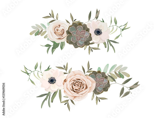 Vintage floral set for wedding card. Greeting composition with rose,  eucalyptus branch, leaves and cactus on white background. Vector illustration. Blossom border compositions